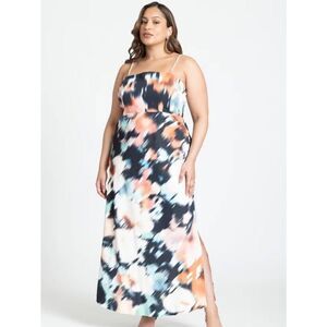 NWT Eloquii Women's Plus Size 16 Printed Satin Bias Dress with Faux Pearl Straps